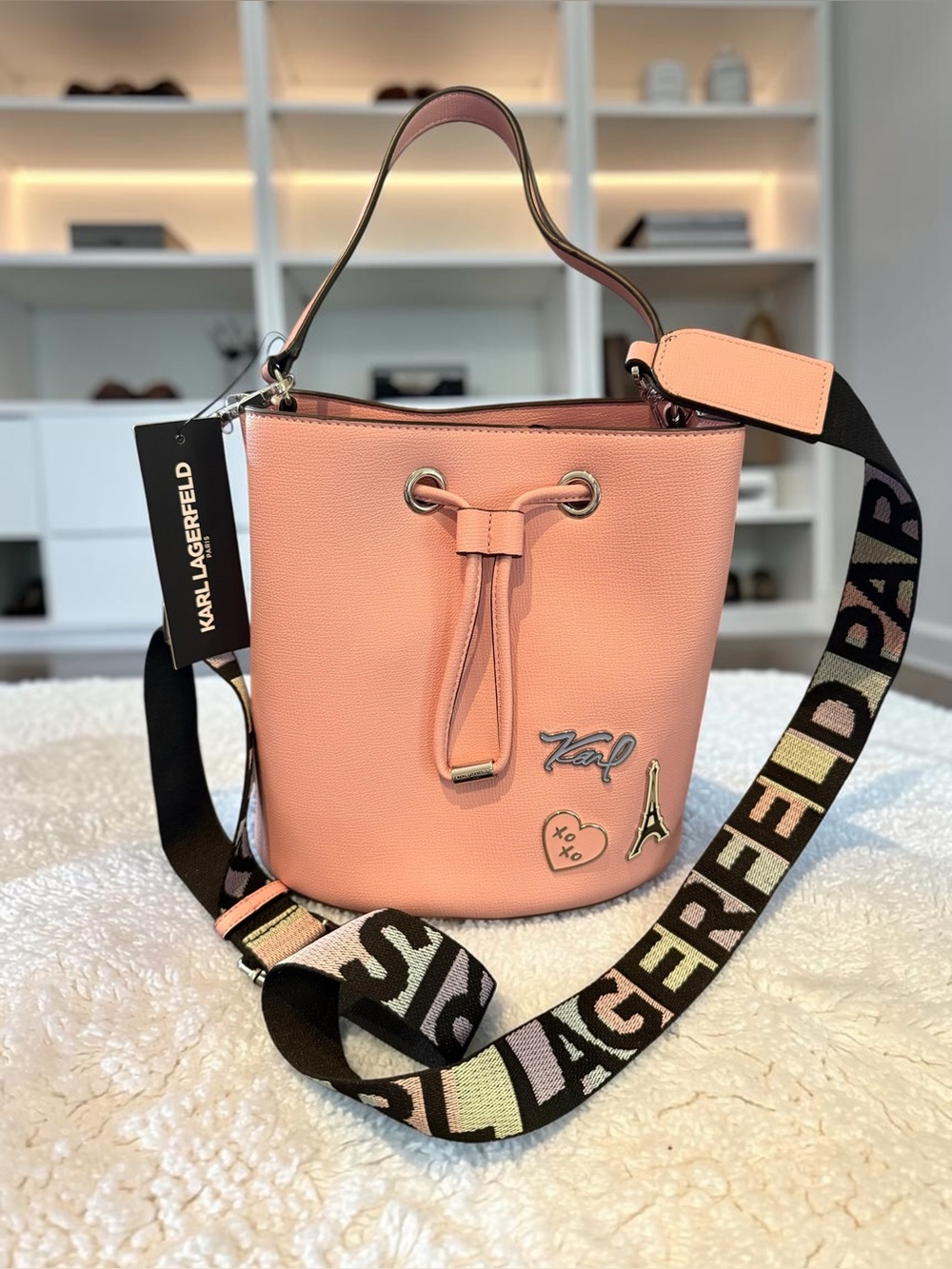 NWT Karl Lagerfeld Paris Blush Pink Adele Drawstring Bucket Bag – Storage Wear